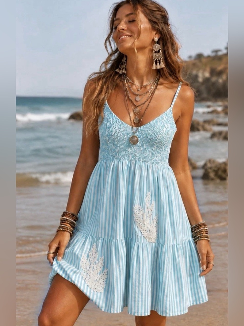 H071 NWT Pol L ptp 15-22 Light Blue Stripe Sundress with Appliqué embellish